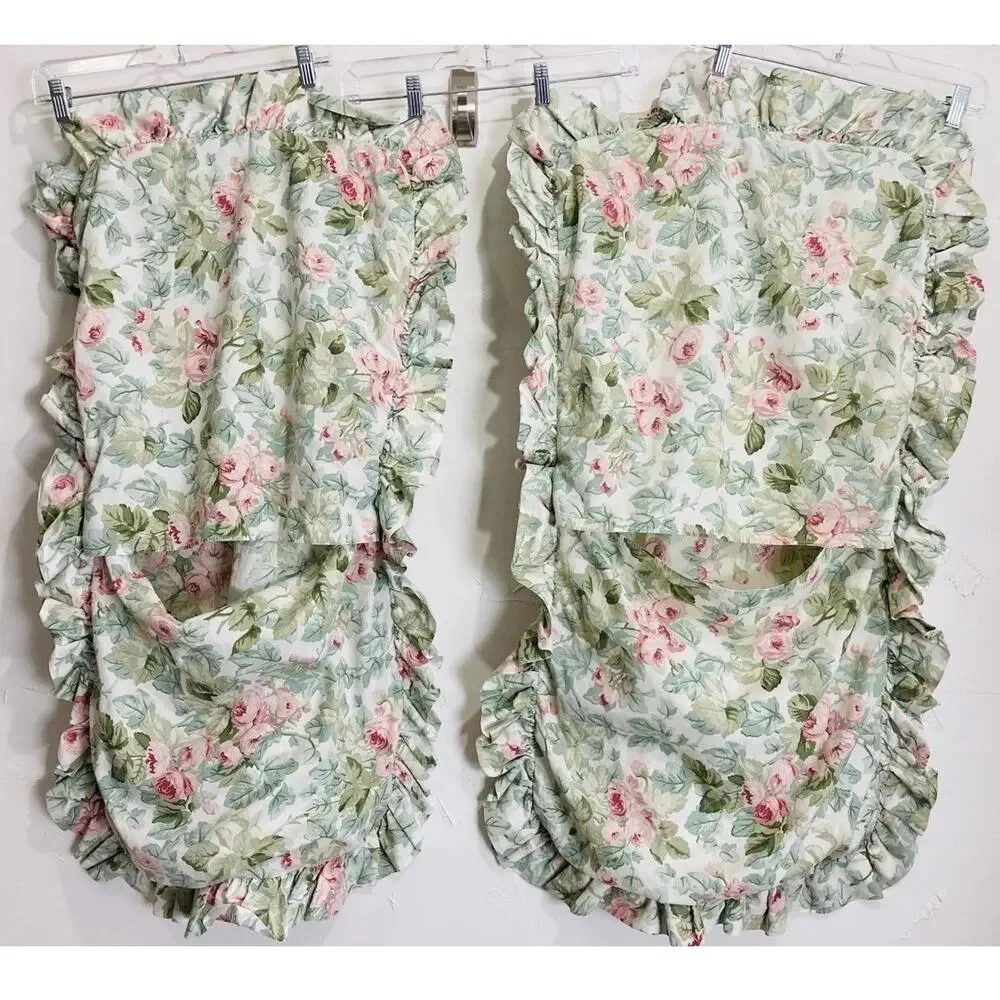 Vntge Laura Ashley KING Cottage Rose Set 2 Ruffled Pillow Shams Green Pink Cases